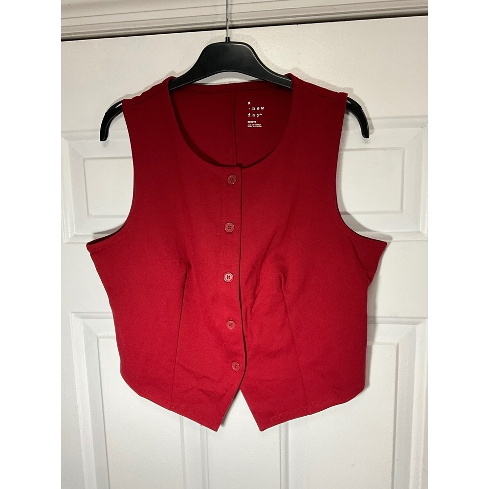 A New Day Womens Red Button Down Vest Ponte Knit Sleeveless Top Size Medium NWT